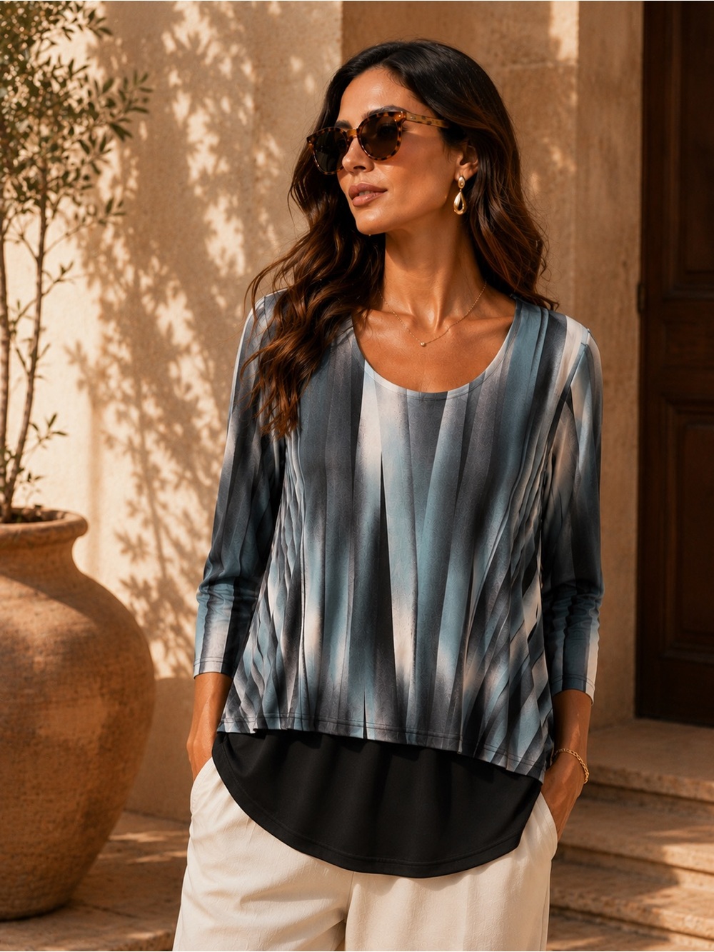 953. Women's Blue Ombre Long-Sleeve Layered Top